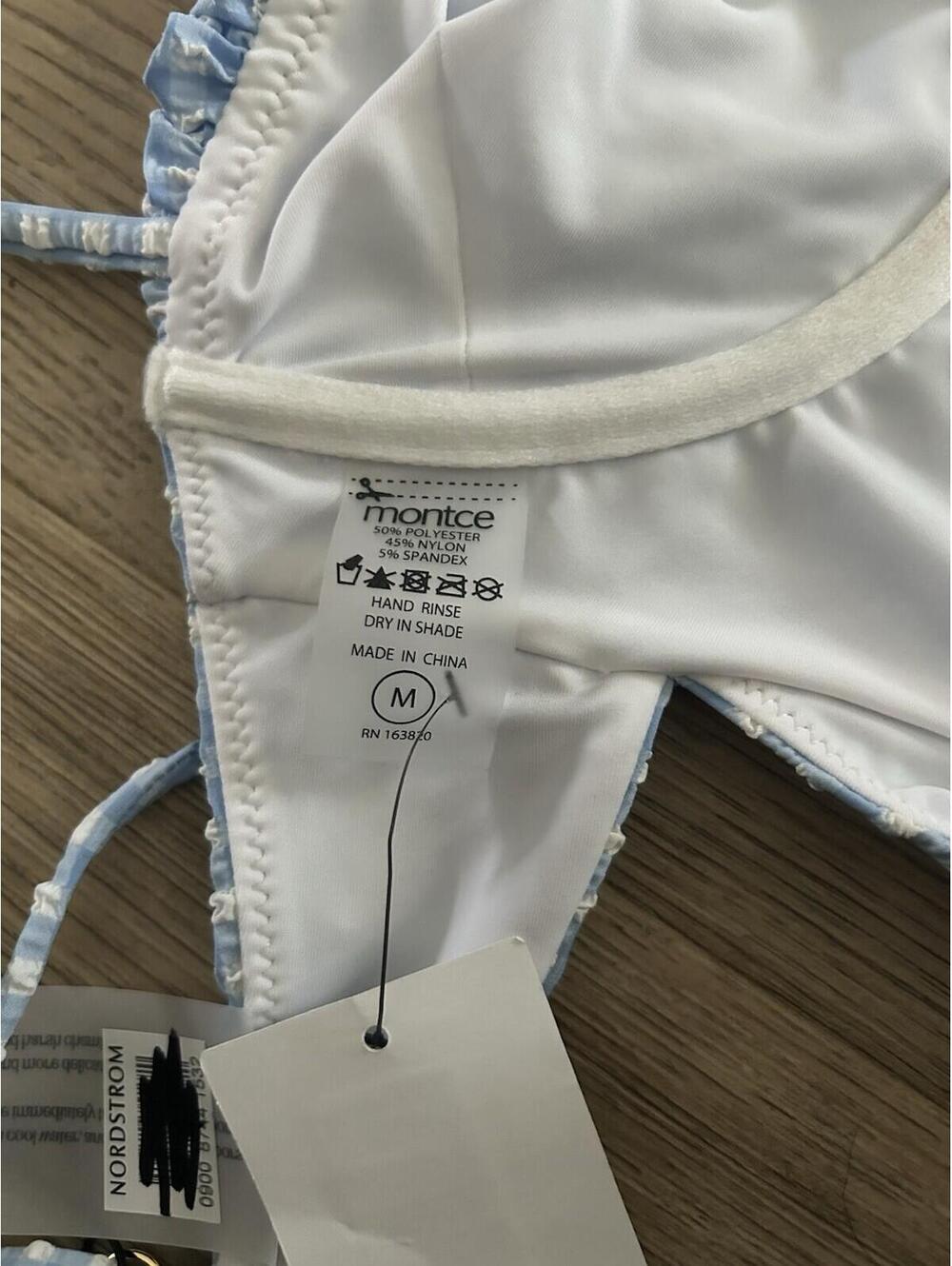 MONTCE Blue White Gingham One-Piece Tie Shoulder Swimsuit Size Medium - Picture 6 of 6